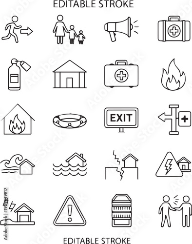 Collection of fire safety and emergency icons