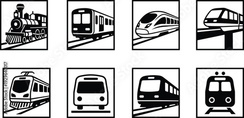 Train and railway transport silhouette icon set featuring locomotive, metro, subway, high speed rail and modern public transportation symbols collection
