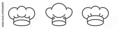 Three chef's hat line icon set isolated on transparent background. Clean outline cooking symbol with editable stroke, perfect for restaurant, catering, culinary, bakery and kitchen design projects.