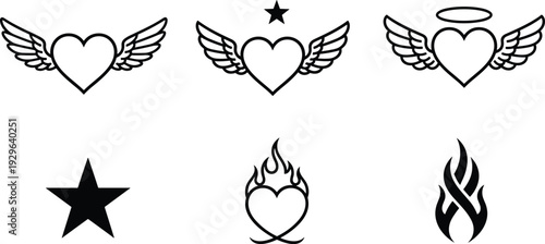 Winged heart outline icon collection with star, halo and flame symbols representing love, spirituality, passion and emotional tattoo design elementsWinged heart outline icon 
