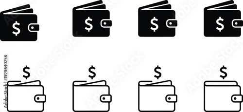Wallet and money finance silhouette icon set featuring payment, cash storage, digital transaction and personal banking symbols isolated on white background