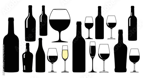 Set of 18 black wine bottles and glasses vector silhouettes