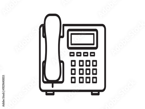 A black and white line drawing of a landline telephone with a keypad and receiver