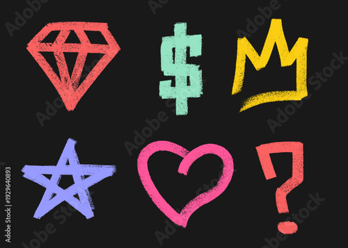Diamond Dollar Crown Star Heart Question Mark Crayon Chalk Drawing Doodle Vector Set