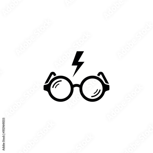 Iconic black silhouette of round glasses with a lightning bolt symbol, symbolizing magic, wisdom, and a famous wizard.