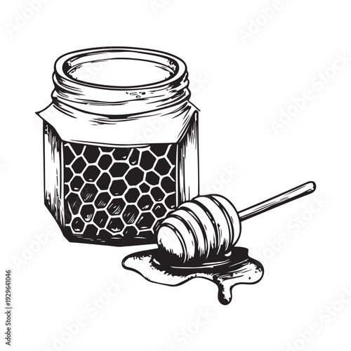 Vintage honey jar with dipper and honeycomb, still life, hand drawn style, graphic art