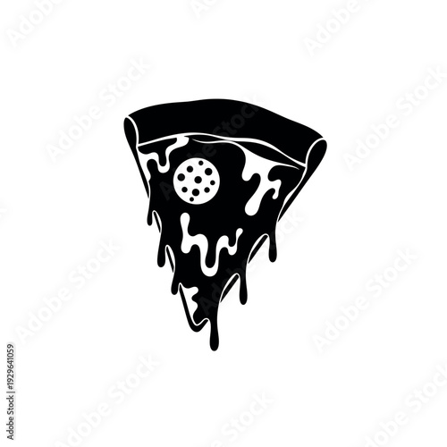 Stylized black silhouette of a dripping pizza slice with melted cheese, a symbol of deliciousness and fast food.
