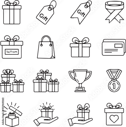 Collection of gift and prize icons in a simple line drawing style