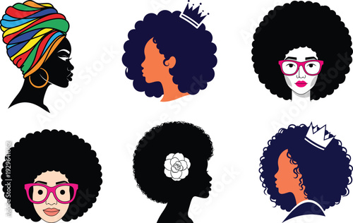 Collection of six stylized silhouettes of black women with various afro hairstyles, head wraps, and accessories like crowns and glasses