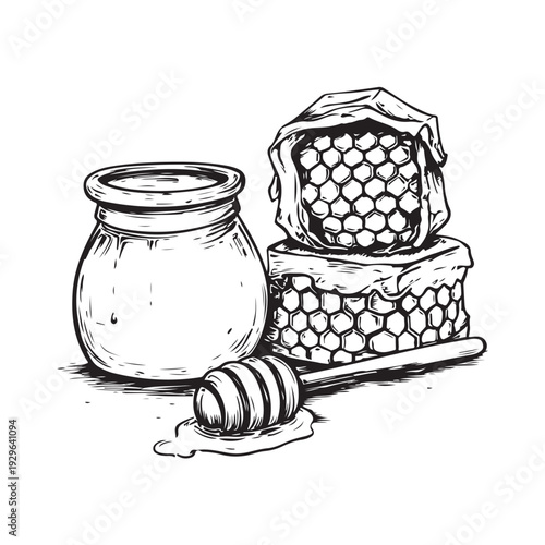 Vintage honey jar with dipper and honeycomb, still life, hand drawn style, graphic art