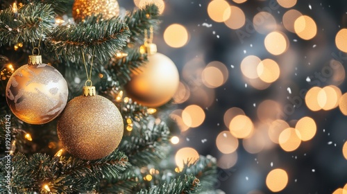 A beautifully decorated Christmas tree adorned with classic golden ornaments and warm twinkling lights, exuding festive holiday cheer and cozy atmosphere.