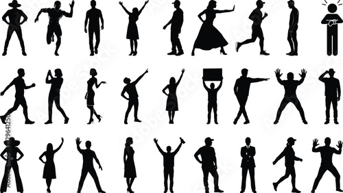 Collection of diverse human silhouettes in various poses and actions