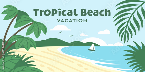 Modern tropical beach vacation banner with ocean waves and palm trees. Perfect for tourism marketing, summer sale promotion and travel destination design.