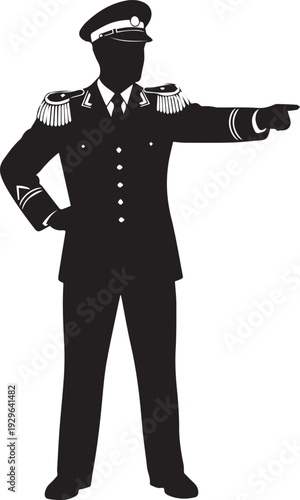 Military officer in formal uniform pointing direction silhouette vector illustration art