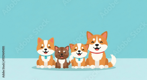 Four cute cartoon dogs sitting together on a blue background