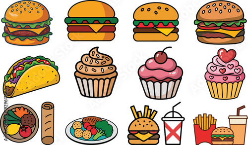 Collection of fast food icons burgers, tacos, cupcakes, fries, and drinks in pixel art style