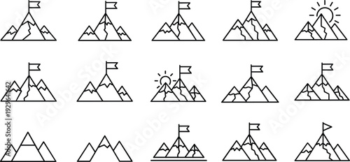 Mountain Peak with Flag Icon Set Outline Adventure Summit Achievement Nature Landscape Vector Collection