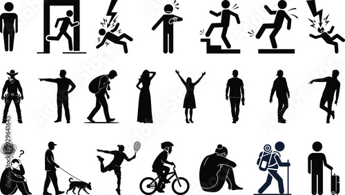 Collection of silhouettes representing various human activities, actions, and situations