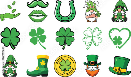 St patricks day icons and symbols collection green elements for irish holiday celebration