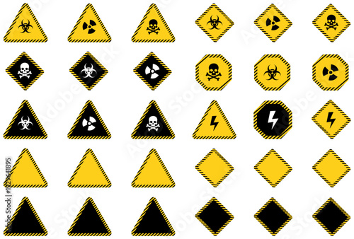 Hazard warning signs set with biohazard radiation skull and electric symbols. Biohazard and radiation danger sign collection. Industrial hazard signage icons. biohazard, radiation, toxic sign, vector