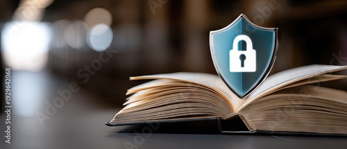 Glowing holographic shield with padlock icon above open book in library room during the day showcasing security and knowledge protection