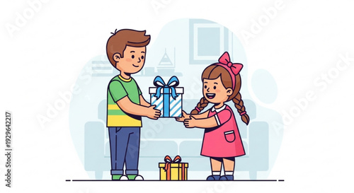 Boy and girl exchanging gifts in colorful clothing indoors happily