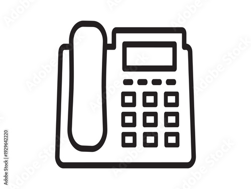 A black and white line drawing of a landline telephone with a keypad