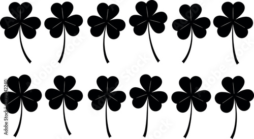 Black silhouette vector illustration of three and four leaf clovers isolated on white background for Saint Patrick Day graphic designs