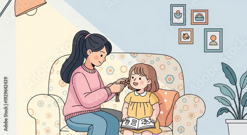 Mother brushing daughter's hair while sitting on a couch at home