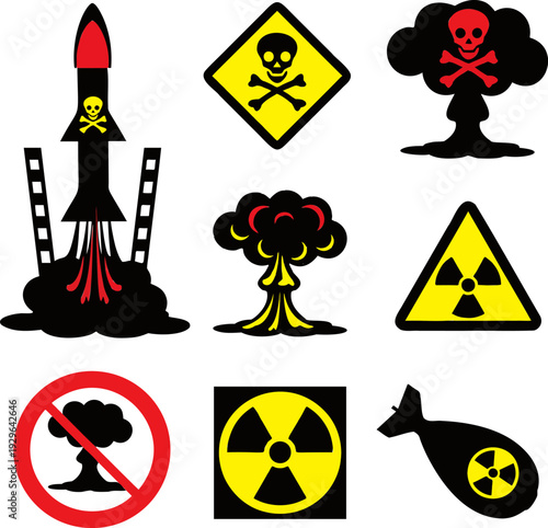 Nuclear Explosion and Radiation Hazard Icons Set – Warning Danger Vector Collection