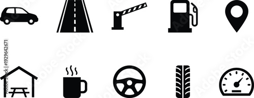 Road trip car service icon set, highway fuel steering tire vector illustration isolated black transport navigation design collection
