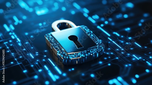 Digital Lock Secured on Glowing Blue Circuit Board, Representing Cybersecurity and Data Protection