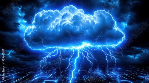 Digital storm cloud unleashing lightning over a glowing futuristic network, symbolizing cyber threats and data security