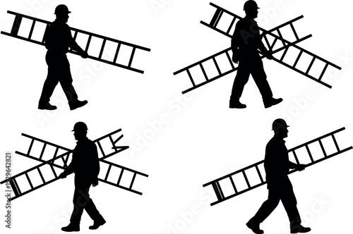Black silhouettes of professional construction workers wearing hard hats and carrying heavy ladders while walking against a plain white background.
