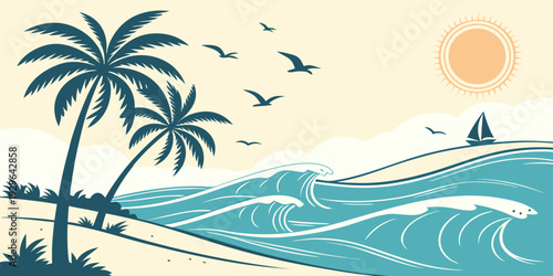 Clean tropical ocean landscape vector background with palm silhouettes. Ideal for summer branding, travel advertisement, website header and vacation theme design.