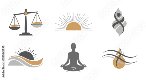 Set of abstract logo templates featuring law scale sunrise yoga pose and organic shapes