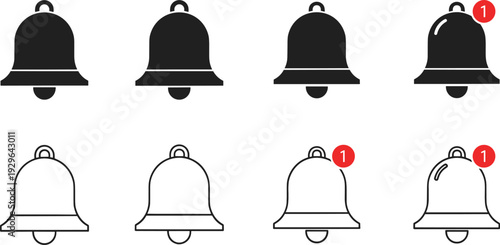 Notification Bell Icon Set with Alert Badge Reminder Symbol Outline and Solid Vector Collection