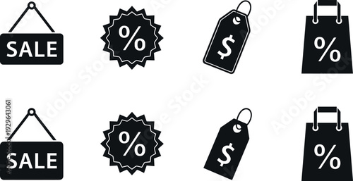 Retail Sale and Discount Solid Icon Collection with Hanging Sign, Percent Badge, Price Tag and Shopping Bag