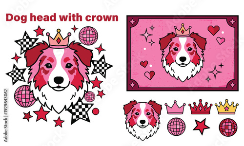Royal dog head illustration with crown and stars