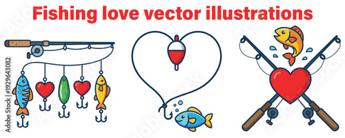 Colorful fishing love illustrations with heart lures and rods