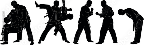 Set of black silhouette martial arts fighters engaged in judo throws grappling sparring and bowing for sports vector illustration design.