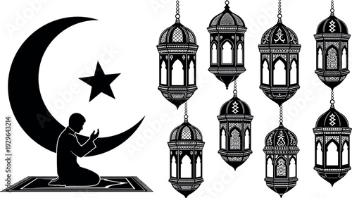Silhouette illustration of Muslim man praying on prayer rug with crescent moon star and intricate decorative hanging Ramadan lanterns fanoos