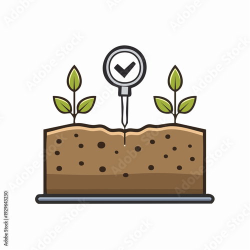 Illustration of soil pH testing with a meter, showing healthy plants growing in fertile soil