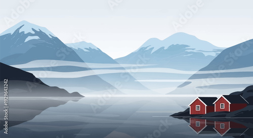 Serene mountain lake landscape with red cabins and misty atmosphere.