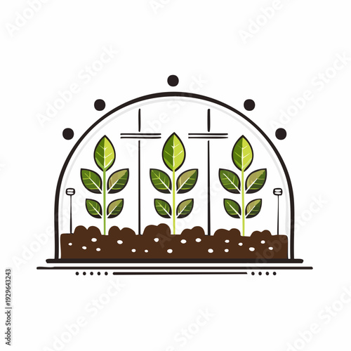 Stylized illustration of vibrant green seedlings thriving in rich soil beneath a protective glass dome, symbolizing growth, sustainable agriculture, and ecological care