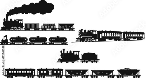 Steam train silhouette set, vintage locomotive vector collection, railway transport illustration isolated, freight passenger rail icon black retro design