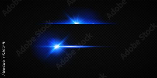 Colorful Star Light Effect Collection with Blue, Golden, and Yellow Glowing Starlight Sparkle Rays and Lens Flare Illumination on Transparent Background