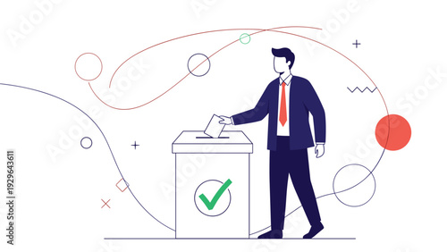 Formal businessman casts his vote by placing a ballot into a voting box marked with a green checkmark symbolizing democracy and choice.