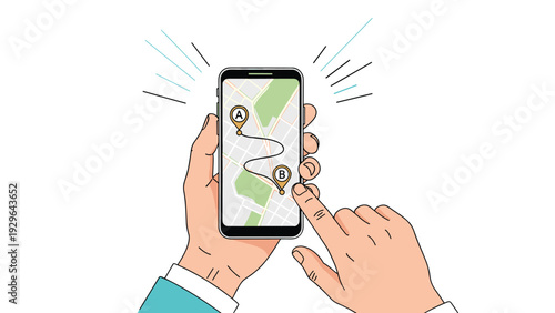 Human hands navigate using a map app on a smartphone showing a route from point a to point b with distinct location markers on the screen.