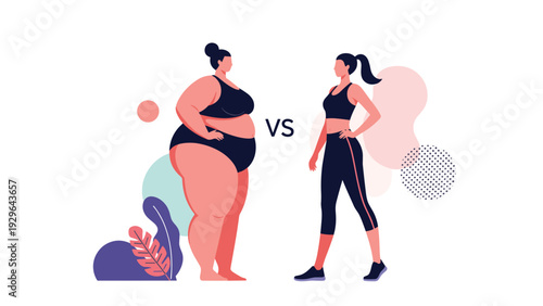 Side by side comparison of a plus-size woman and an athletic woman highlights body diversity, fitness journeys, and health transformations.